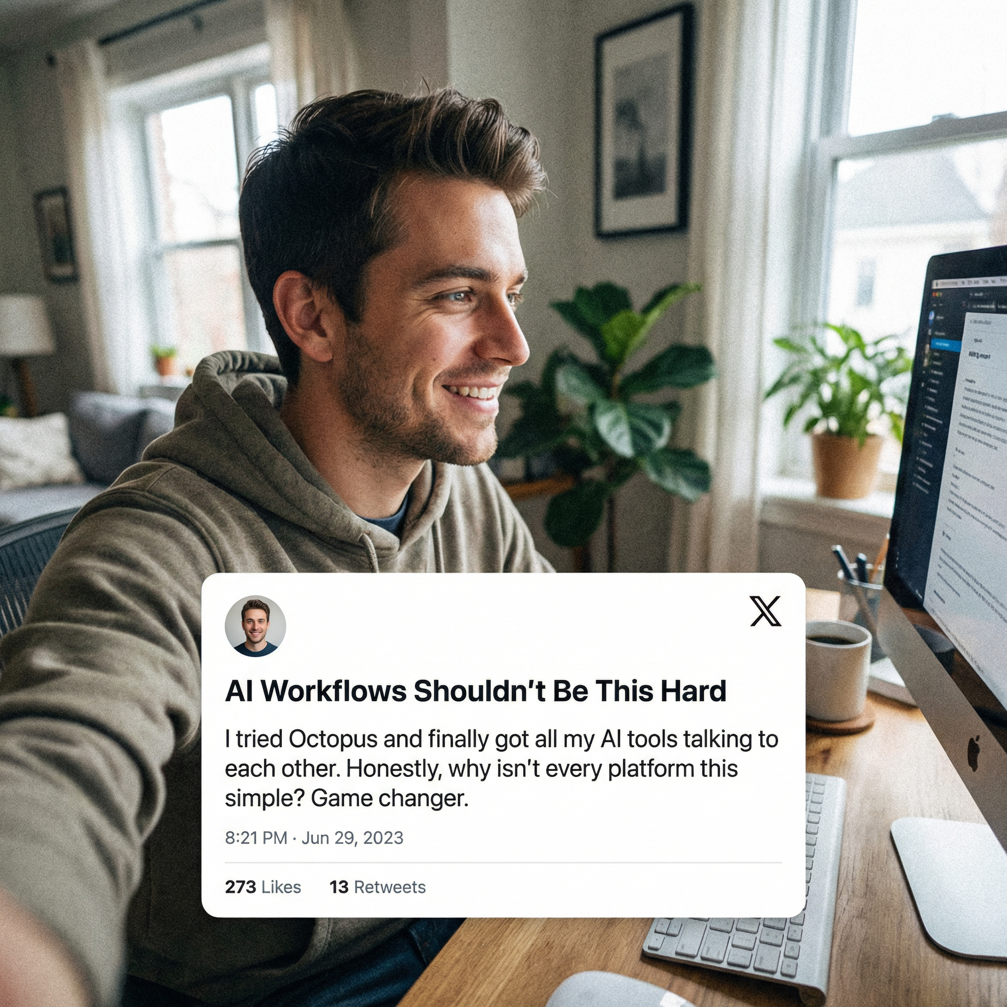 A lifestyle image of a person working at a desk with a computer monitor, overlaid with a social media testimonial post. 