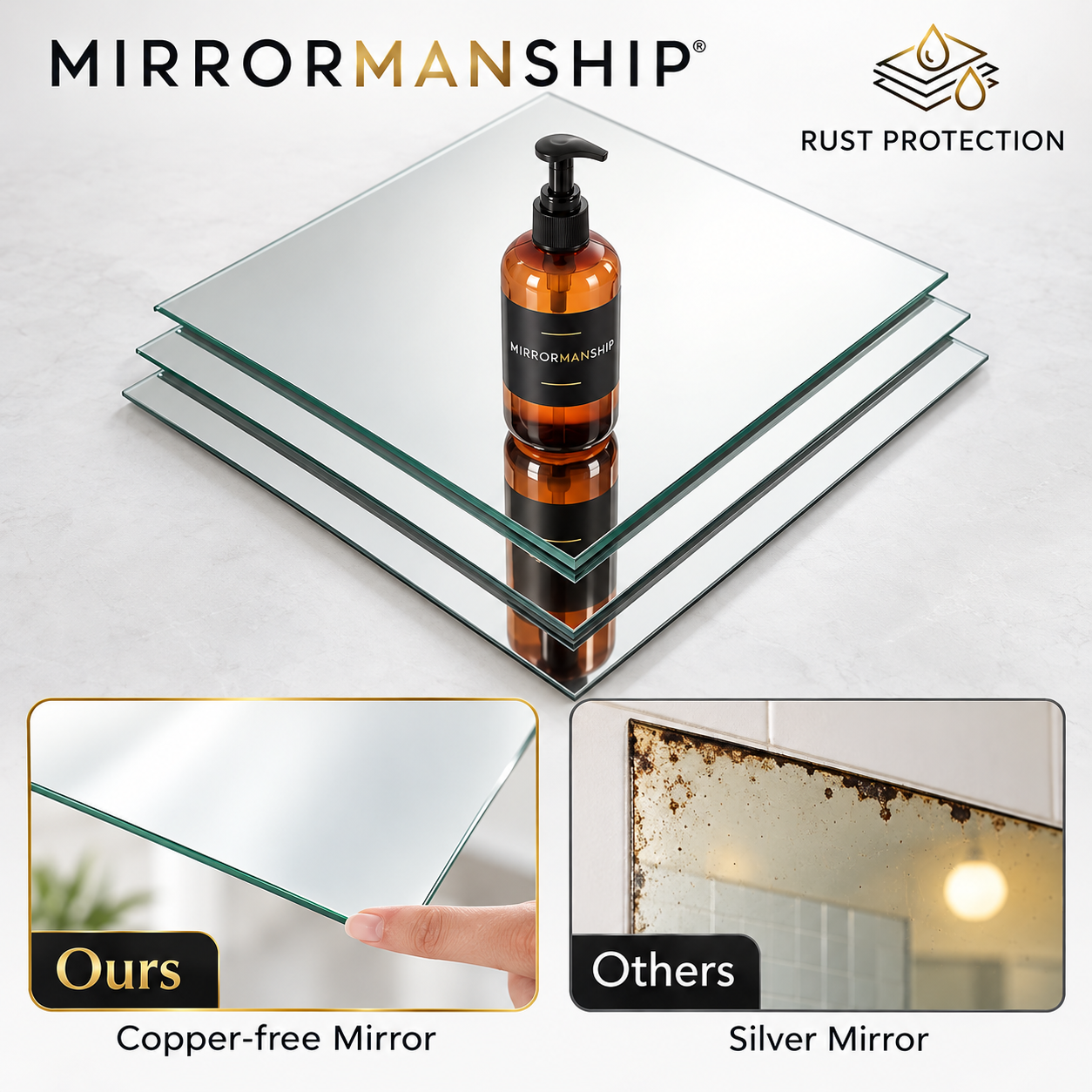 Discover premium copper-free silver mirror technology from MIRRORMANSHIP, an Indian LED mirror brand based in Delhi.
This product image highlights the importance of corrosion-resistant mirror glass i